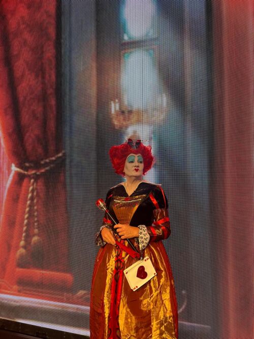 Alice in wonderland themed drag on stage at gala dinner